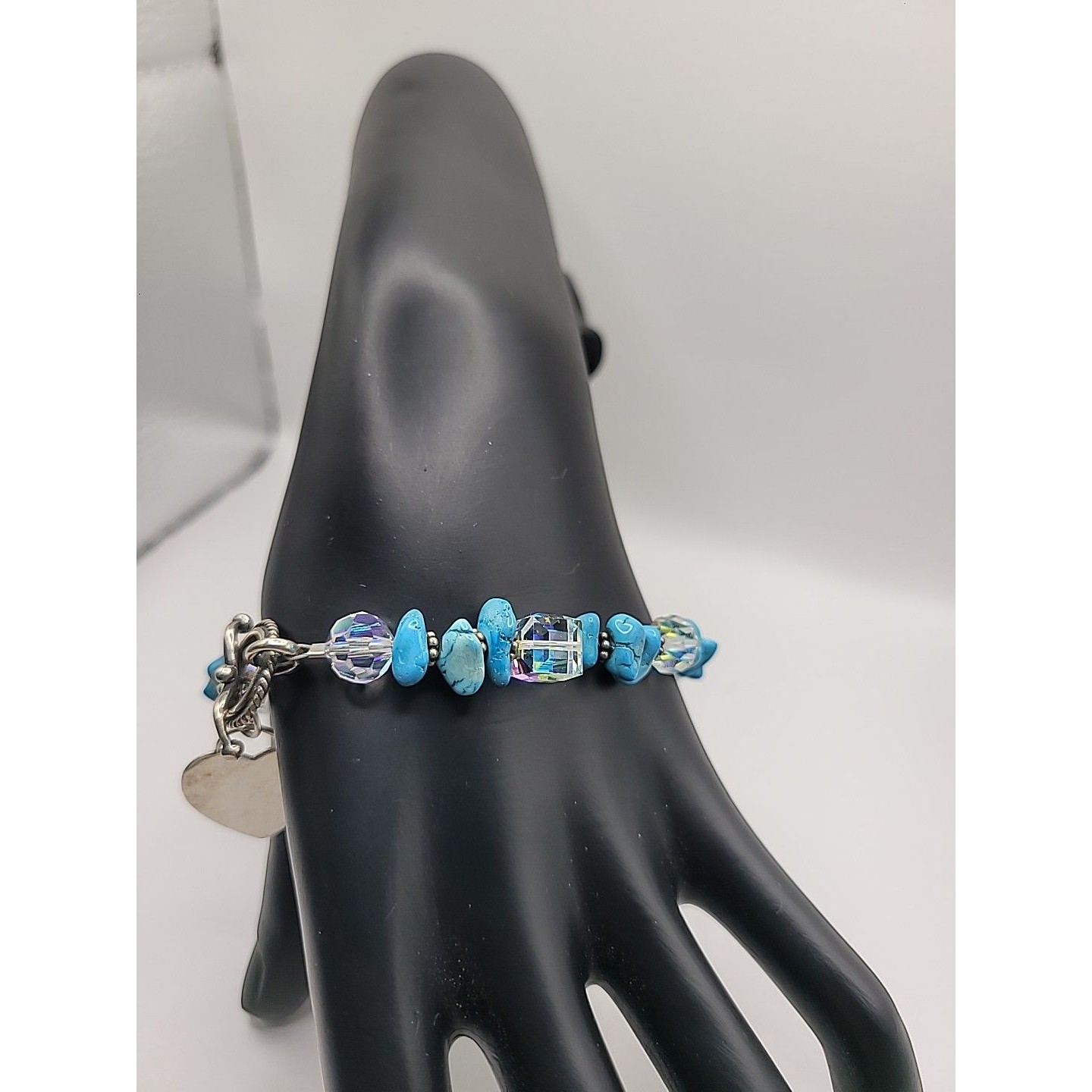 Vintage Blue Nugget Chip Beaded Bracelet Crystal Accents Bo Ho Toggle Clasp